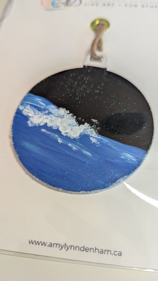 Gentle rolling wave, sparkly night sky hand-painted ornament