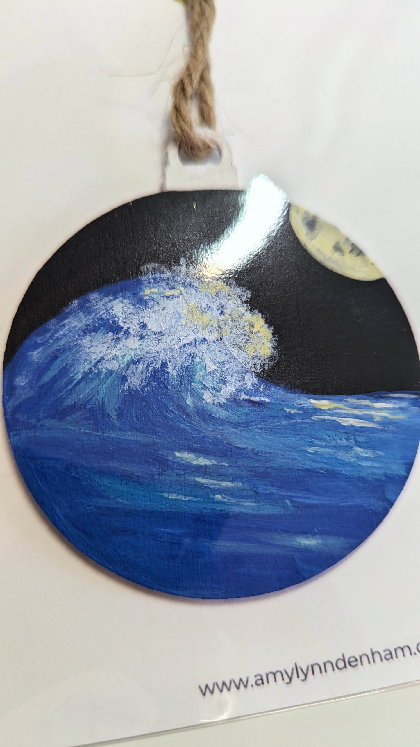 Ocean Wave Under the Full Moon wooden hanging ornament