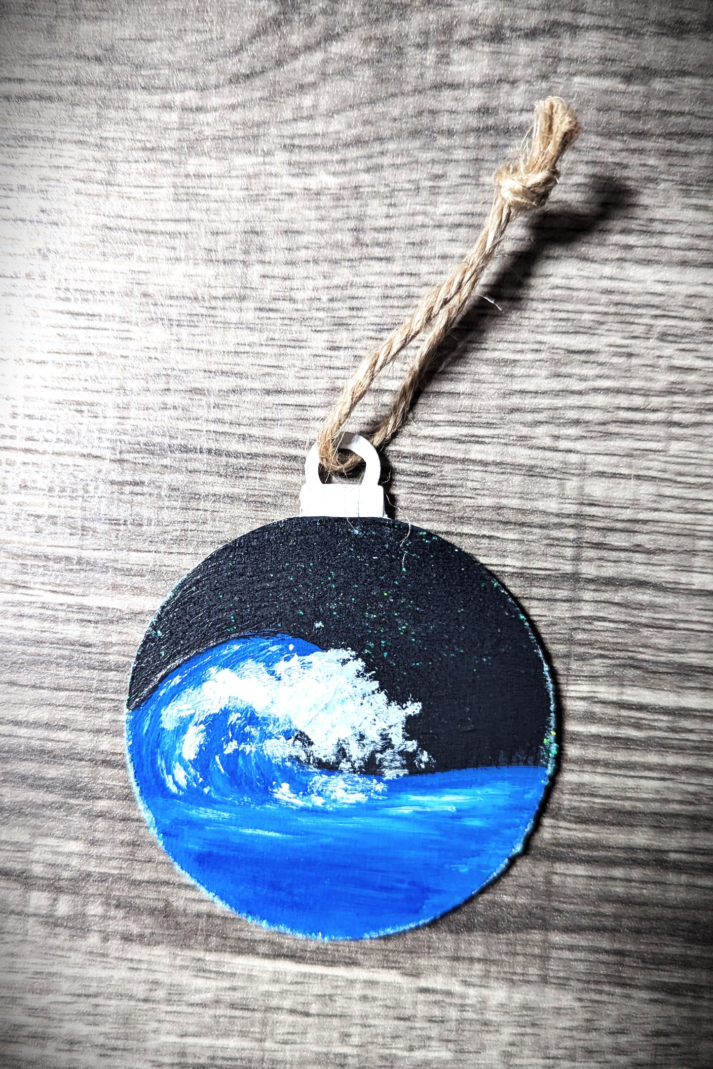 Crashing wave, handing painted wooden Christmas ornament