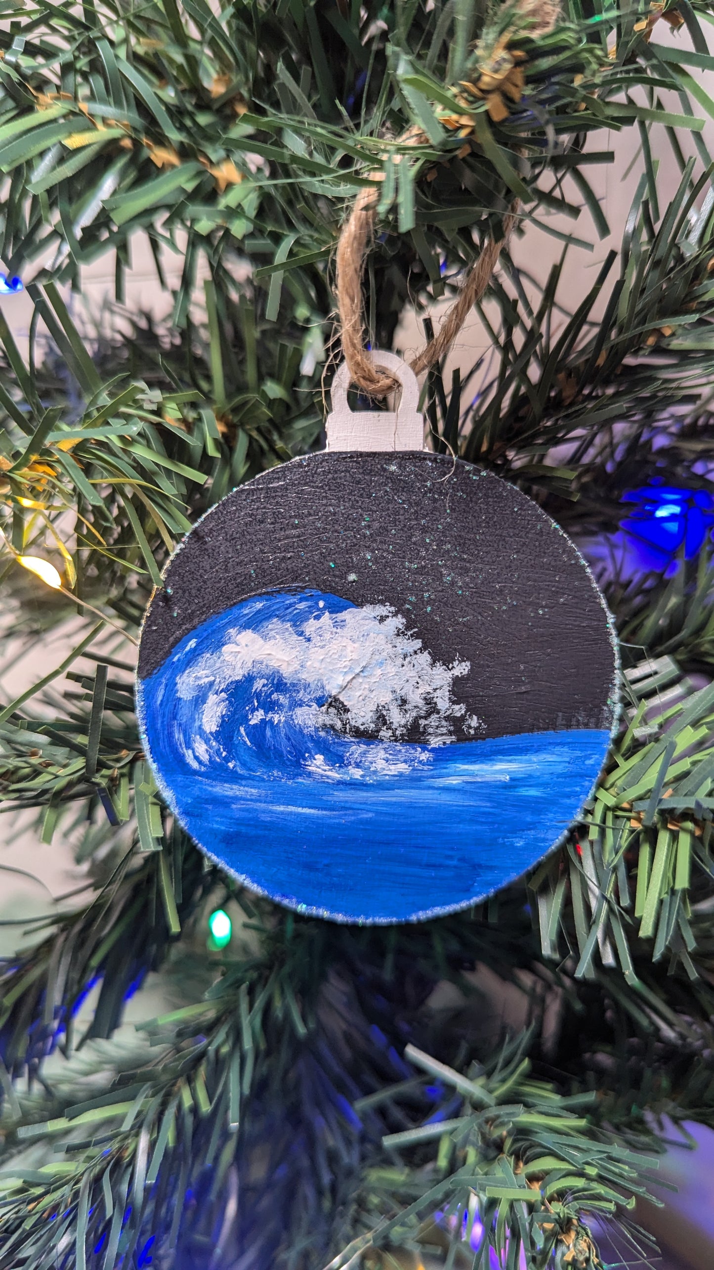 Crashing wave, handing painted wooden Christmas ornament