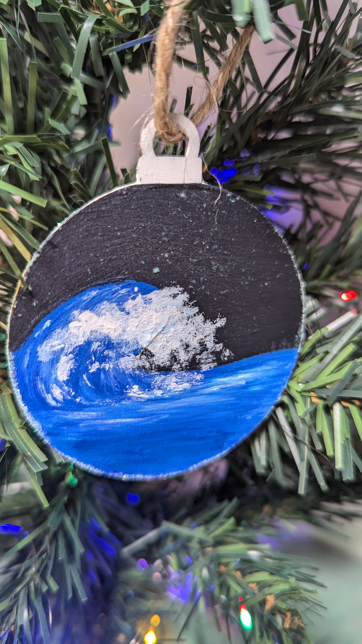 Crashing wave, handing painted wooden Christmas ornament