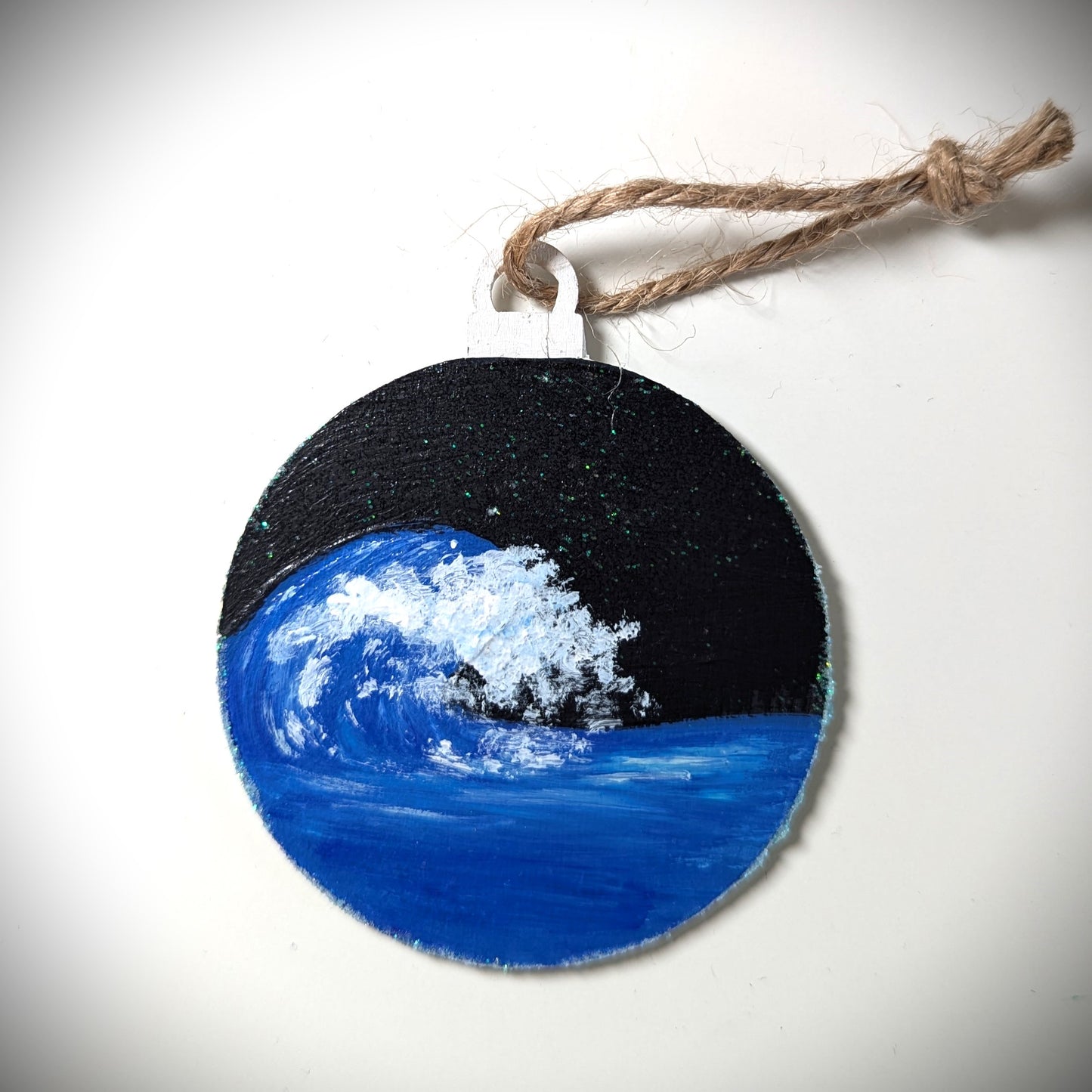 Crashing wave, handing painted wooden Christmas ornament