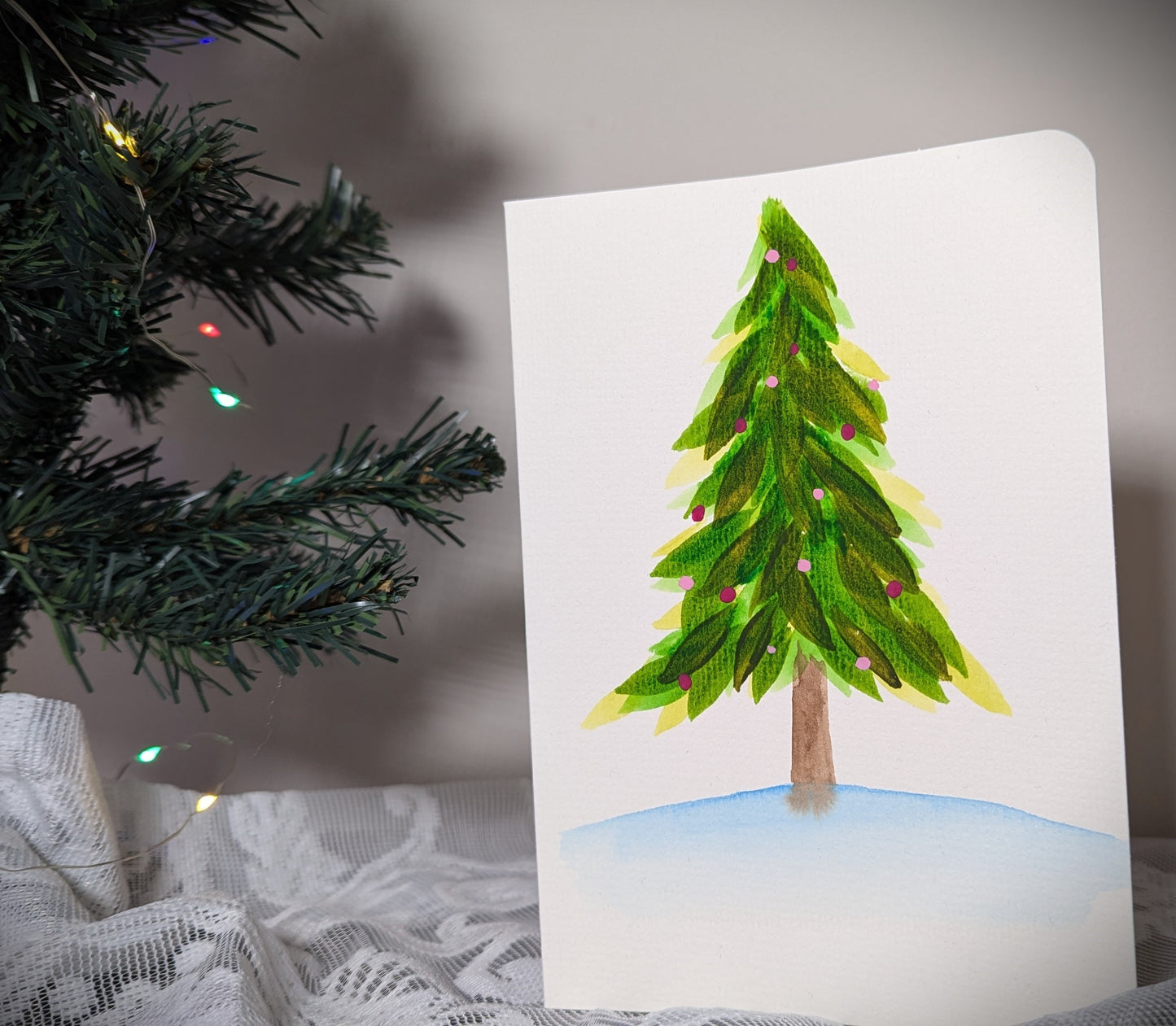 Pink and Green Watercolor Christmas Tree Greeting Card, Hand Painted, Blank Inside