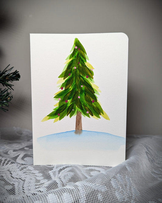 Pink and Green Watercolor Christmas Tree Greeting Card, Hand Painted, Blank Inside