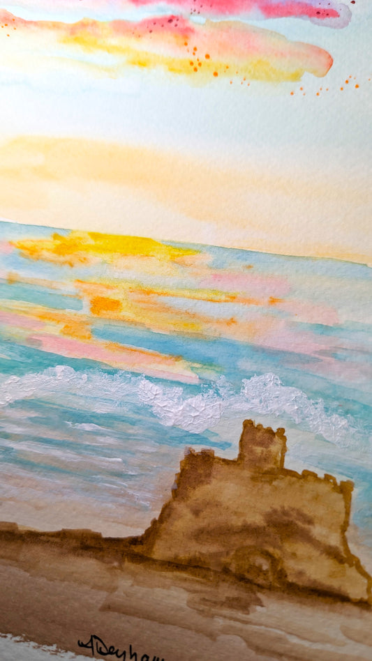 Magical Summer Beach Scene, Original Watercolor Painting