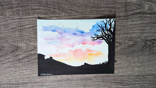 Dreamscape Silhouette Watercolor Painting by Amy-Lynn Denham, Original Artwork, 5" x 7"