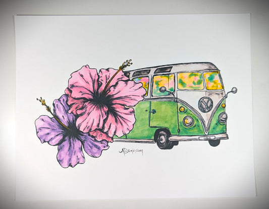 Volkswagen Van Watercolor Painting Print, Vibrant Colorful VW Bus with Hibiscus, 8.5 " by 11 "