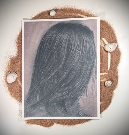 Woman's hair, charcoal self portrait drawing, body positive print, sepia artwork print, 8.5" by 11"