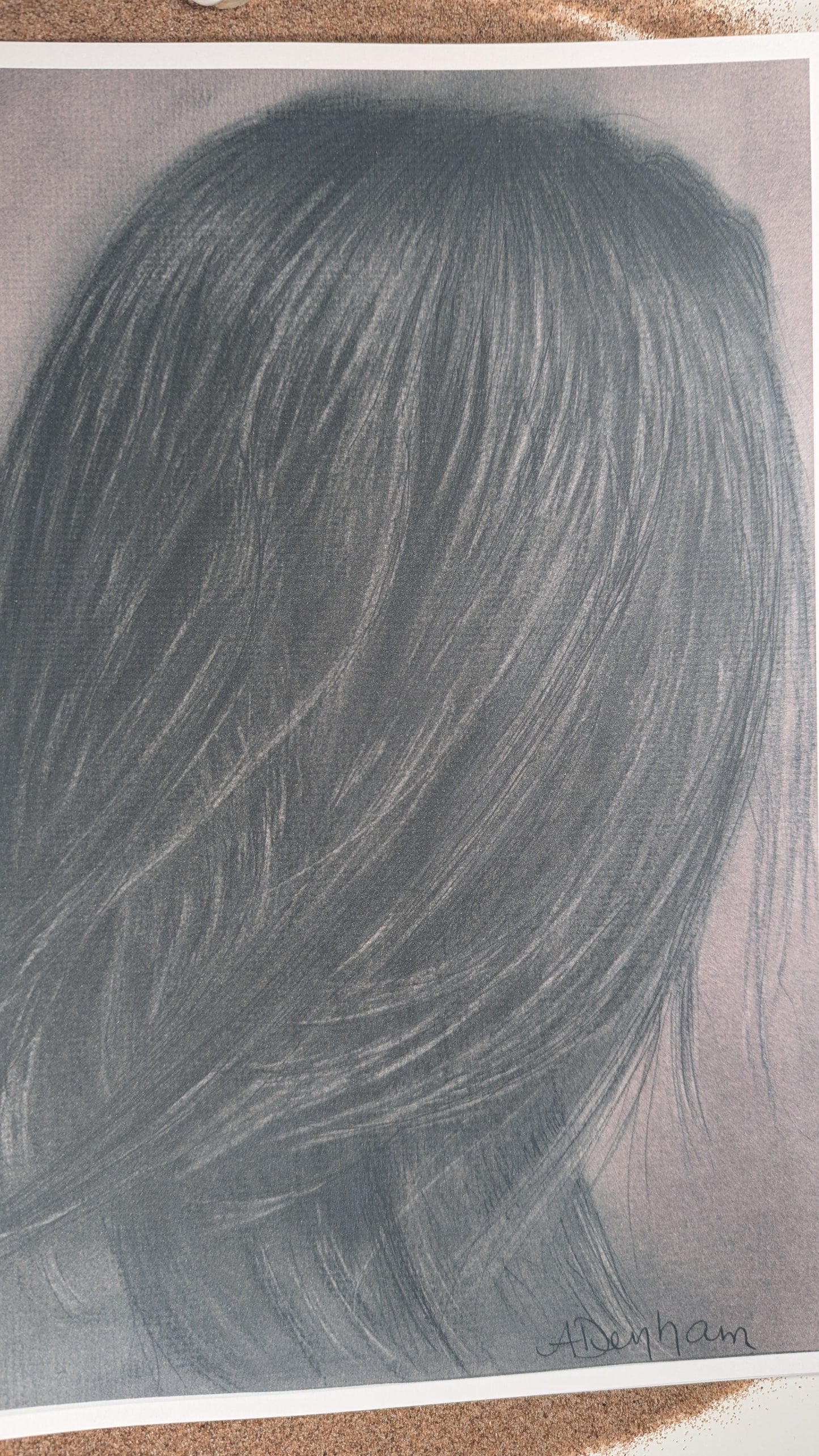 Woman's hair, charcoal self portrait drawing, body positive print, sepia artwork print, 8.5" by 11"