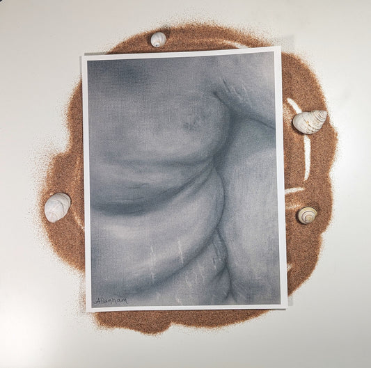 Woman's body, stretch marks, charcoal self portrait drawing, body positive print, sepia artwork print, 8.5" by 11"