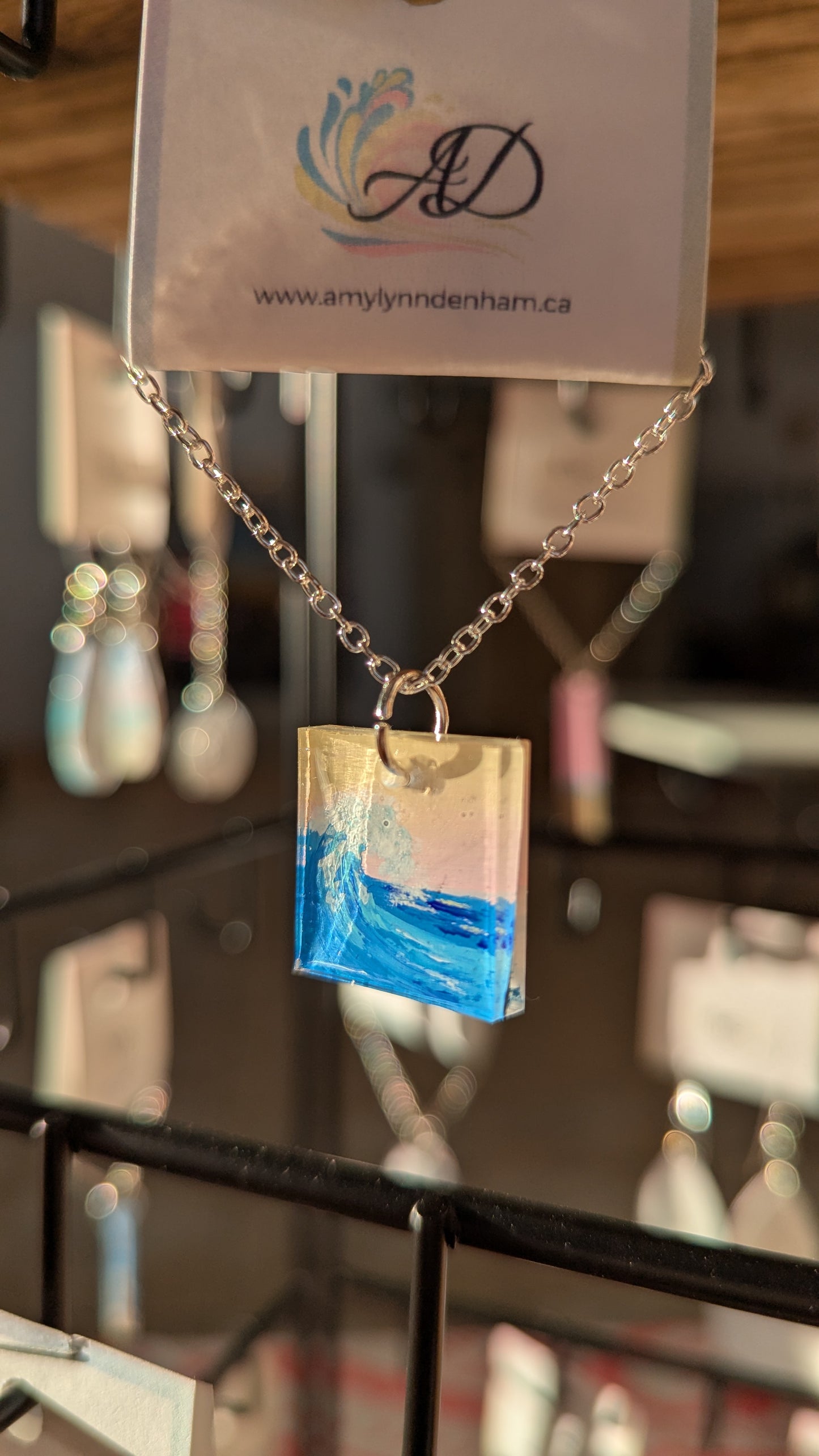 Square sunset wave acrylic hand painted resin necklace