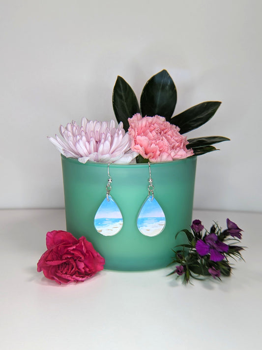 Pink Sunset Beach Earrings, Hand Painted Scenes Encased in Resin