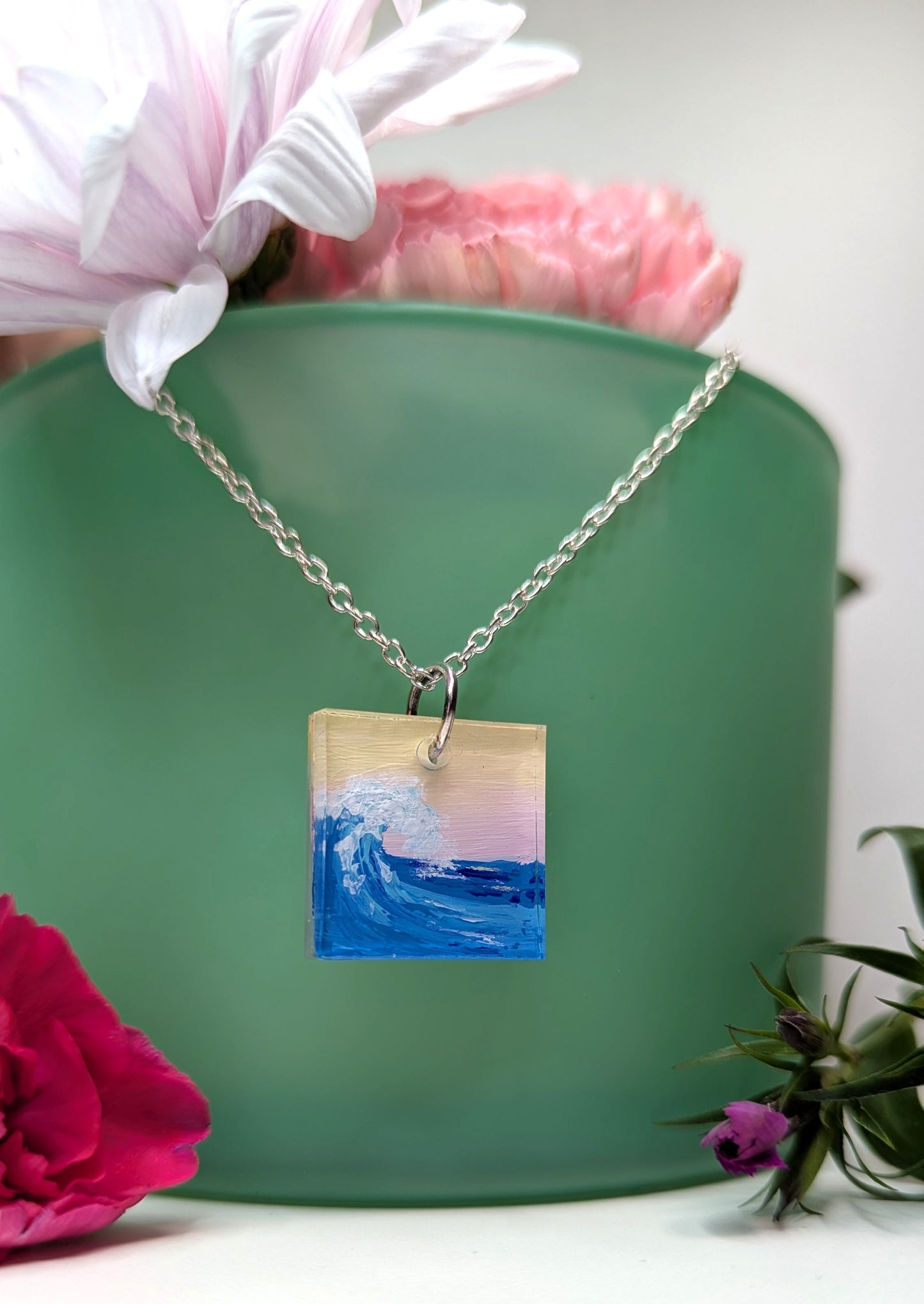 Square sunset wave acrylic hand painted resin necklace