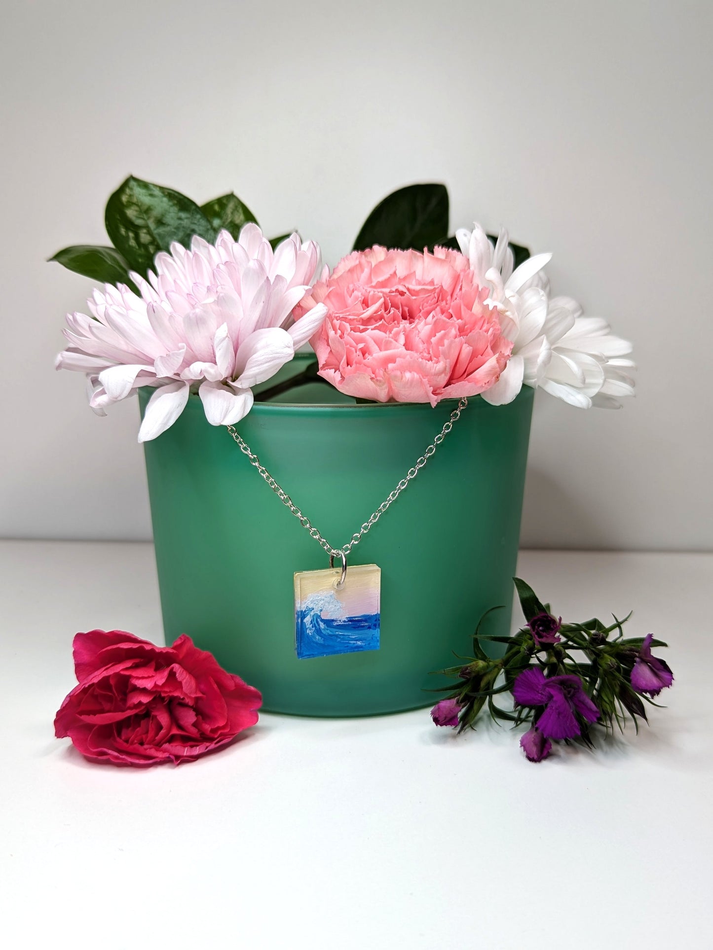 Square sunset wave acrylic hand painted resin necklace
