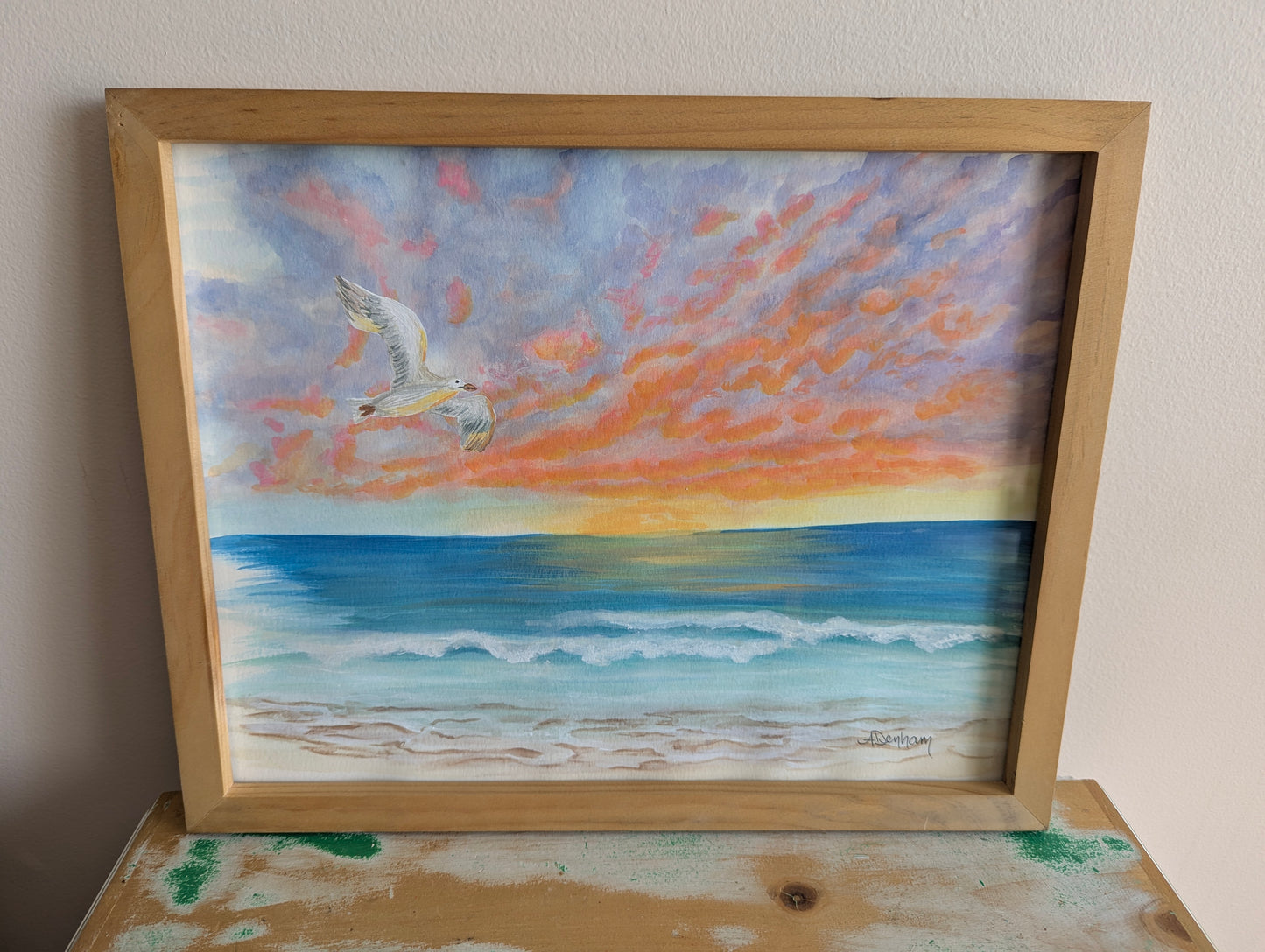 Seagull in the Sunset Watercolor Painting