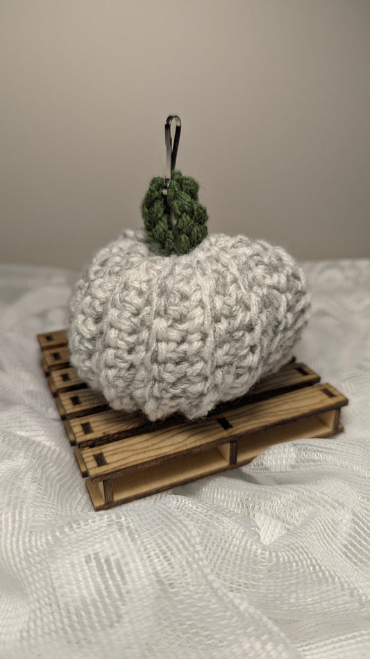 Grey Pumpkin Hand-Crocheted Keychain with Dark Green Stem