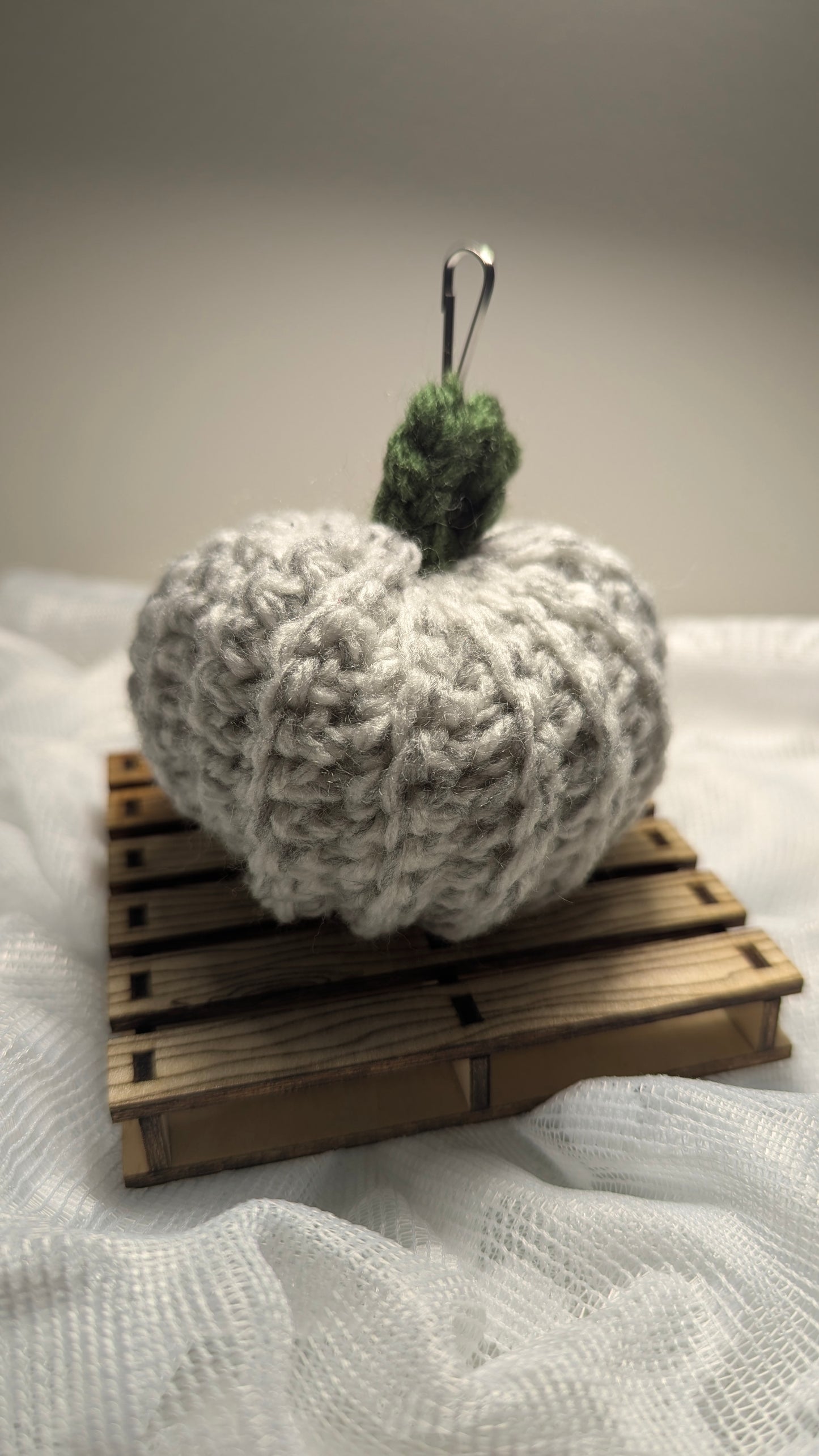 Grey Pumpkin Hand-Crocheted Keychain with Dark Green Stem