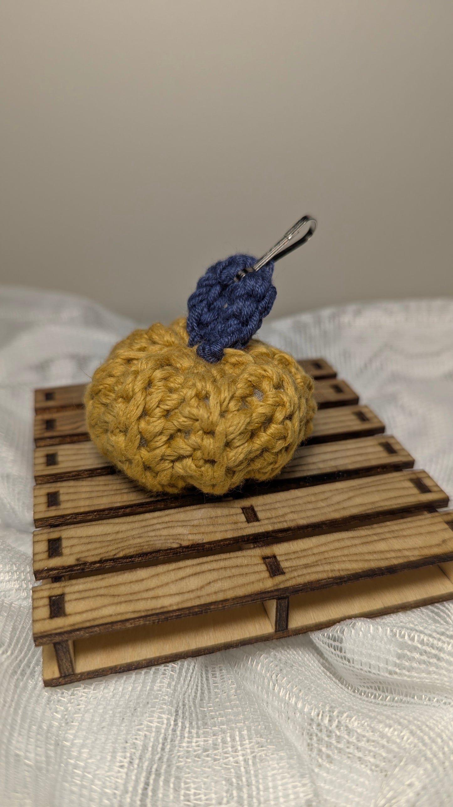 Mustard Pumpkin Hand-Crocheted Keychain with Dark Blue Stem