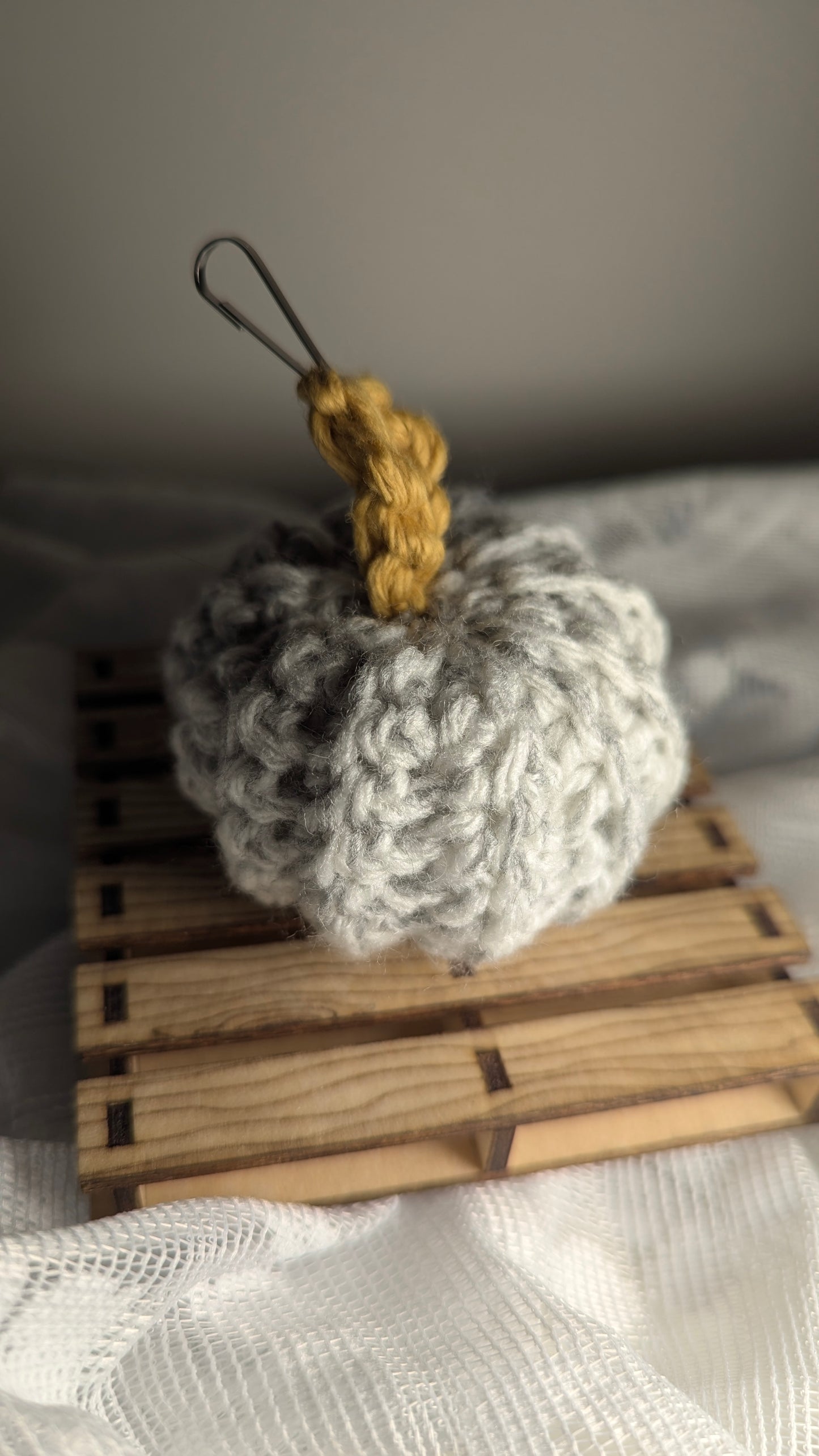 Grey Pumpkin Hand-Crocheted Keychain with Mustard Stem