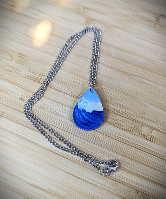 Blue Wave Hand Painted Resin Necklace