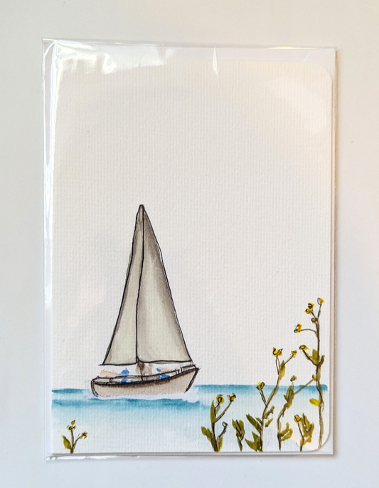 "Sailboat and Wildflowers" Watercolor Greeting Card - Blank Inside