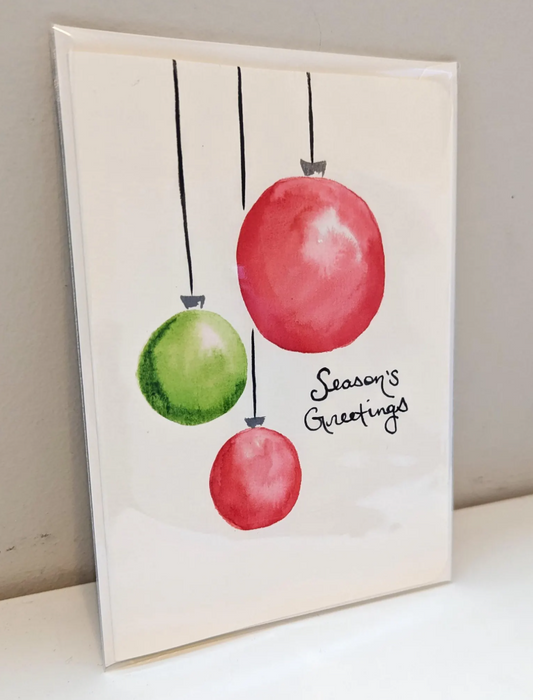 Seasons Greetings Christmas Bulbs Watercolor Greeting Card