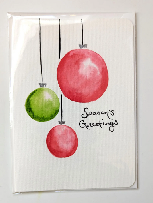 Seasons Greetings Christmas Bulbs Watercolor Greeting Card