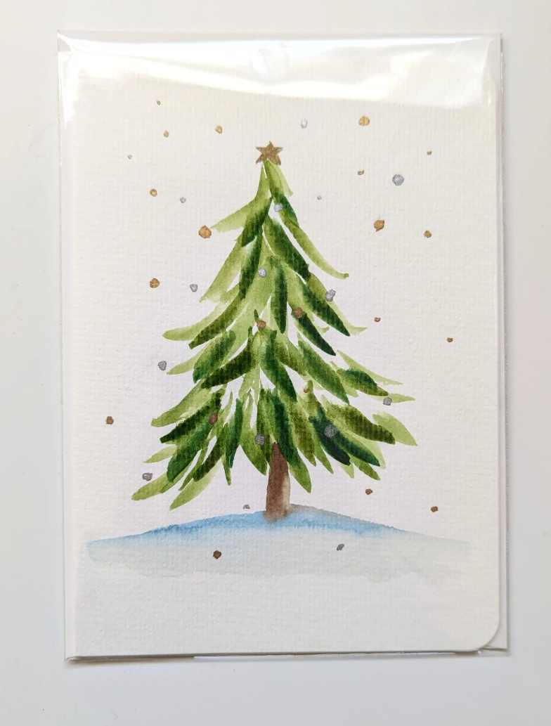 Silver and gold Christmas tree watercolor greeting card