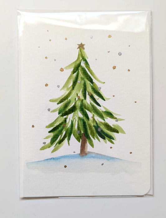 Silver and gold Christmas tree watercolor greeting card