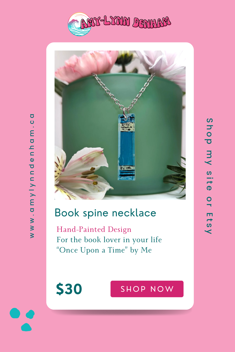 Book spine bookish hand painted necklace