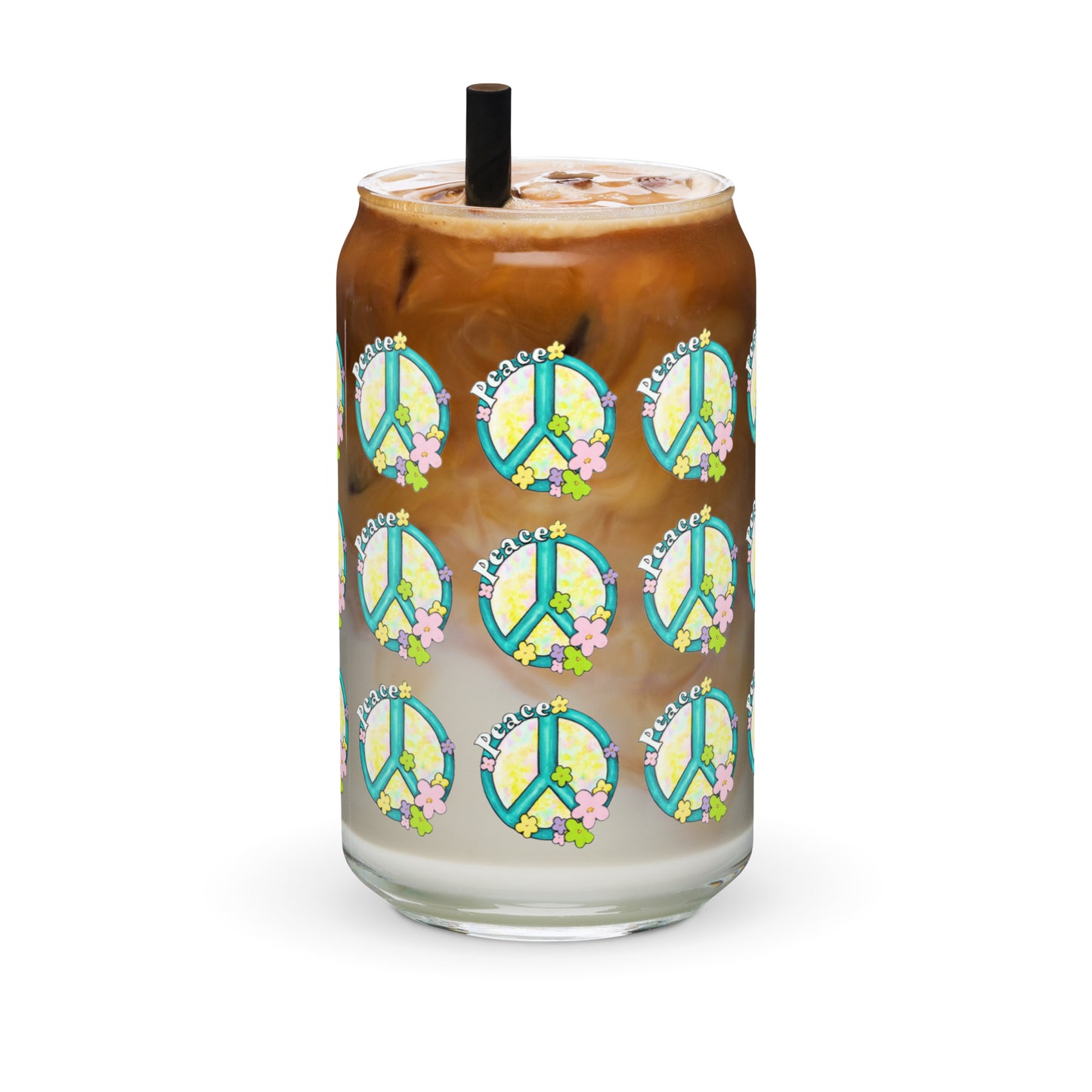 Peace Sign Hippy Can-shaped glass, with optional lid and straw