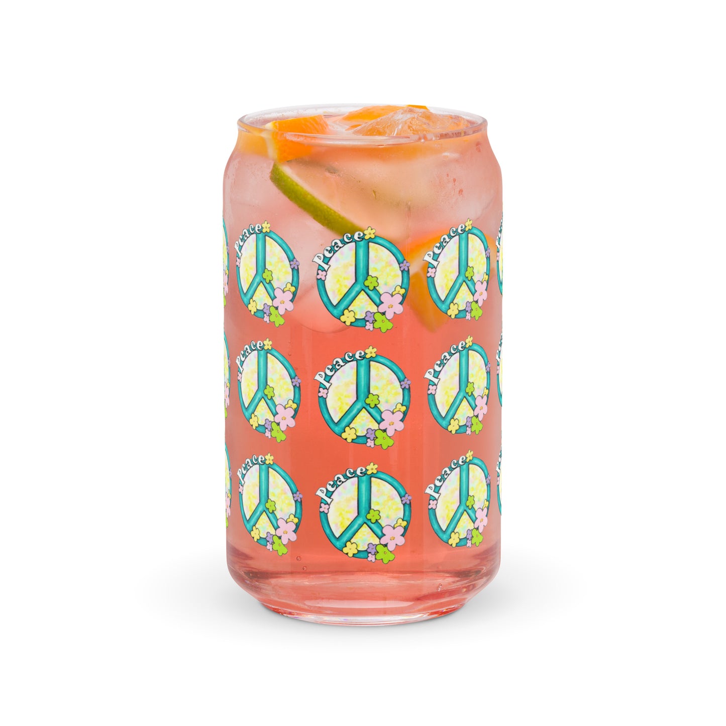 Peace Sign Hippy Can-shaped glass, with optional lid and straw