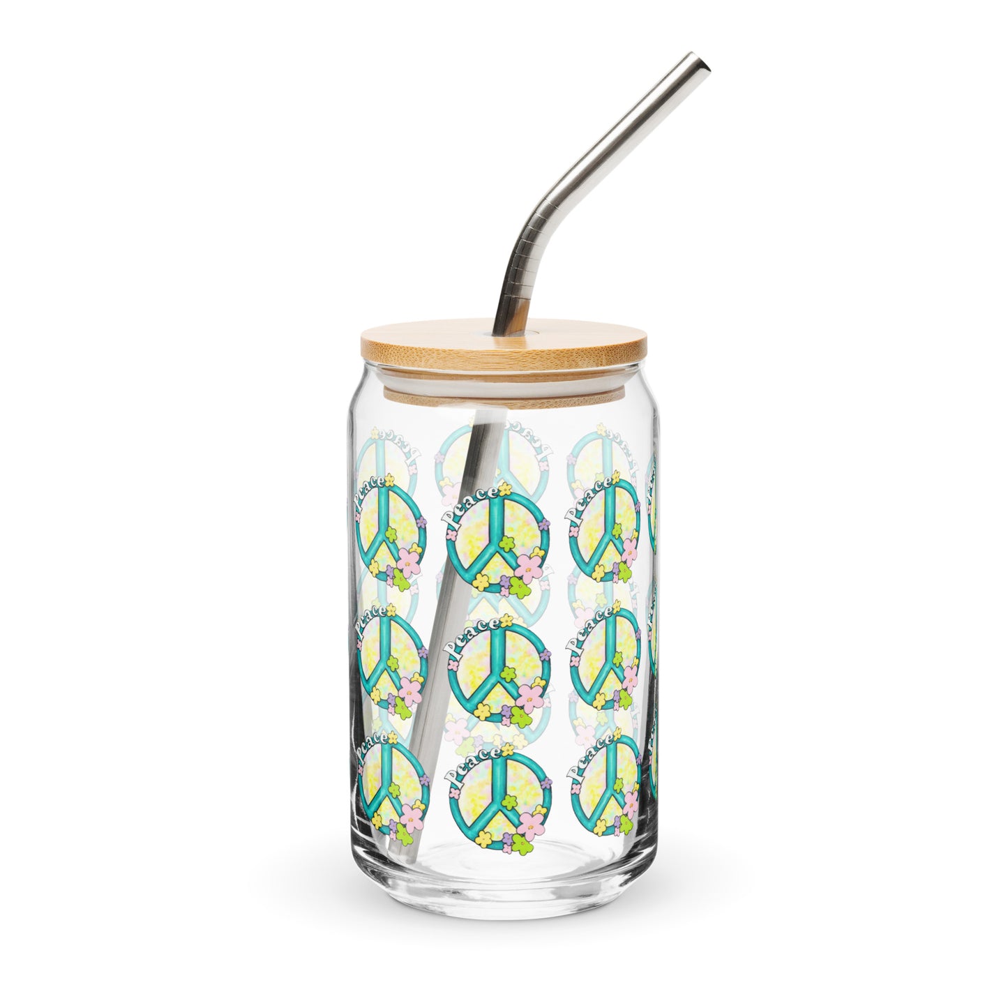 Peace Sign Hippy Can-shaped glass, with optional lid and straw