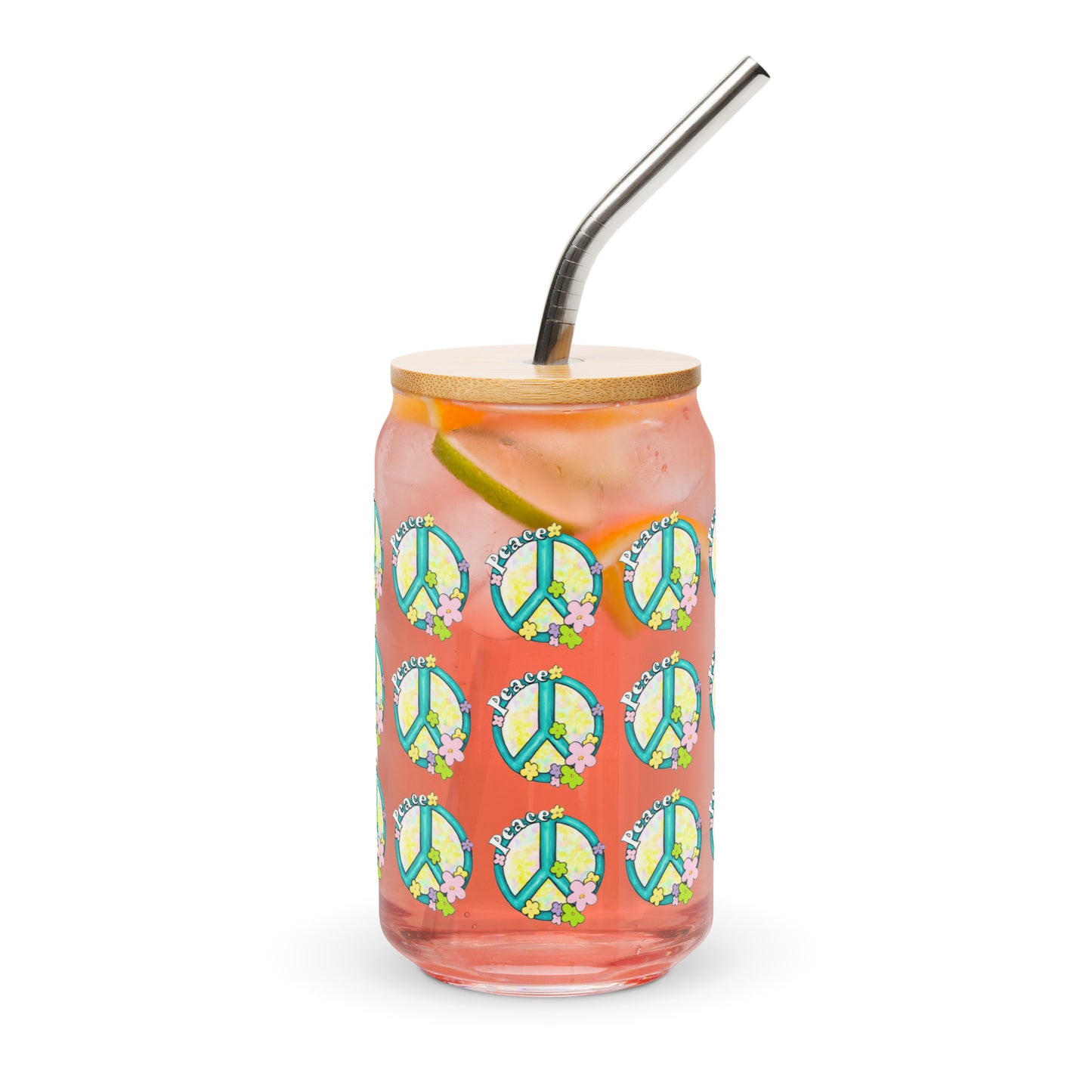 Peace Sign Hippy Can-shaped glass, with optional lid and straw