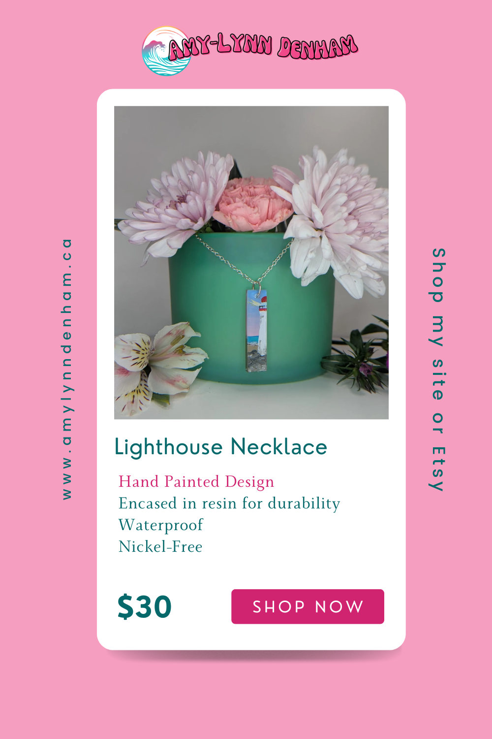 Rectangular lighthouse hand painted resin necklace