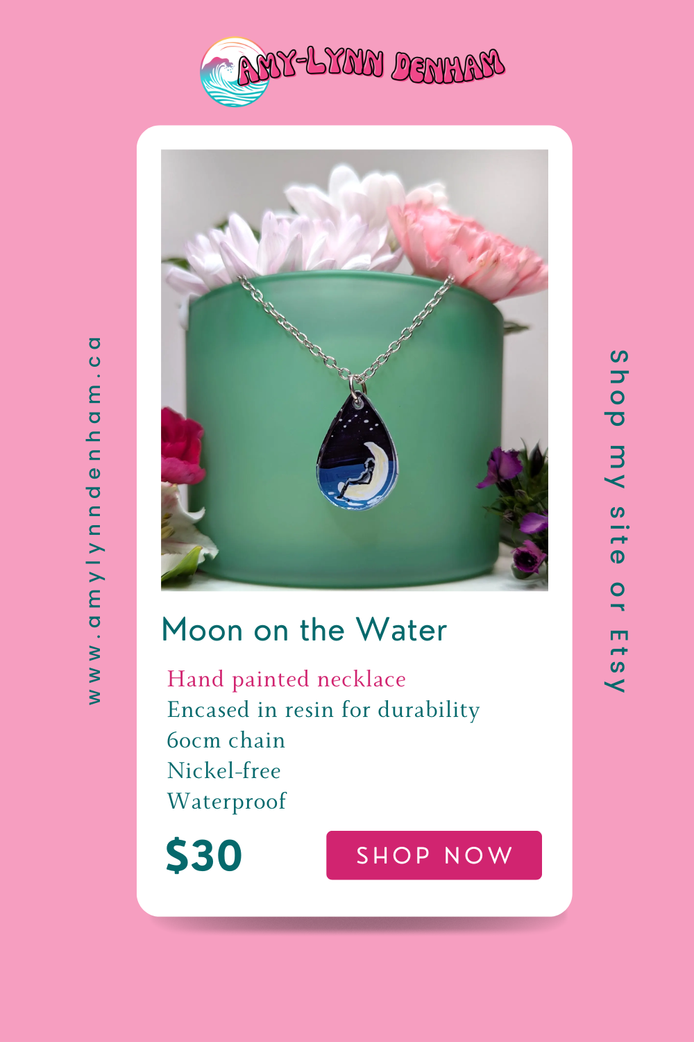 Moon on the water hand painted acrylic resin mystical pendant necklace