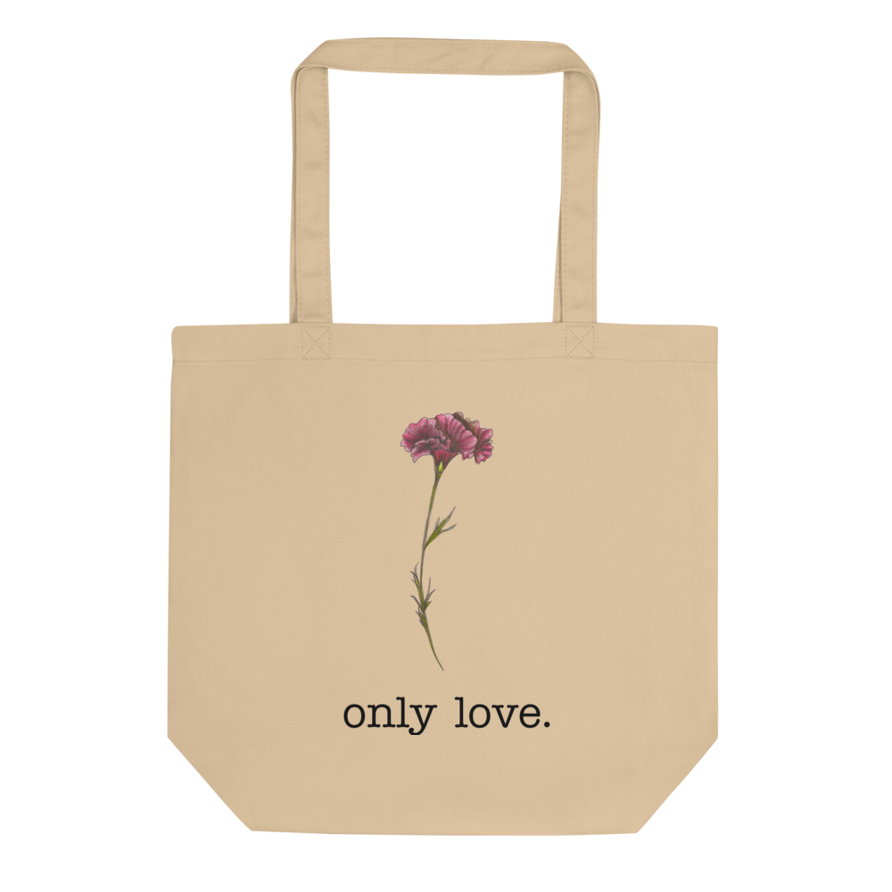 Amy-Lynn Denham's Eco-Friendly Only Love. Tote Bag with Print of Hand-Drawn Pink Carnation Flower