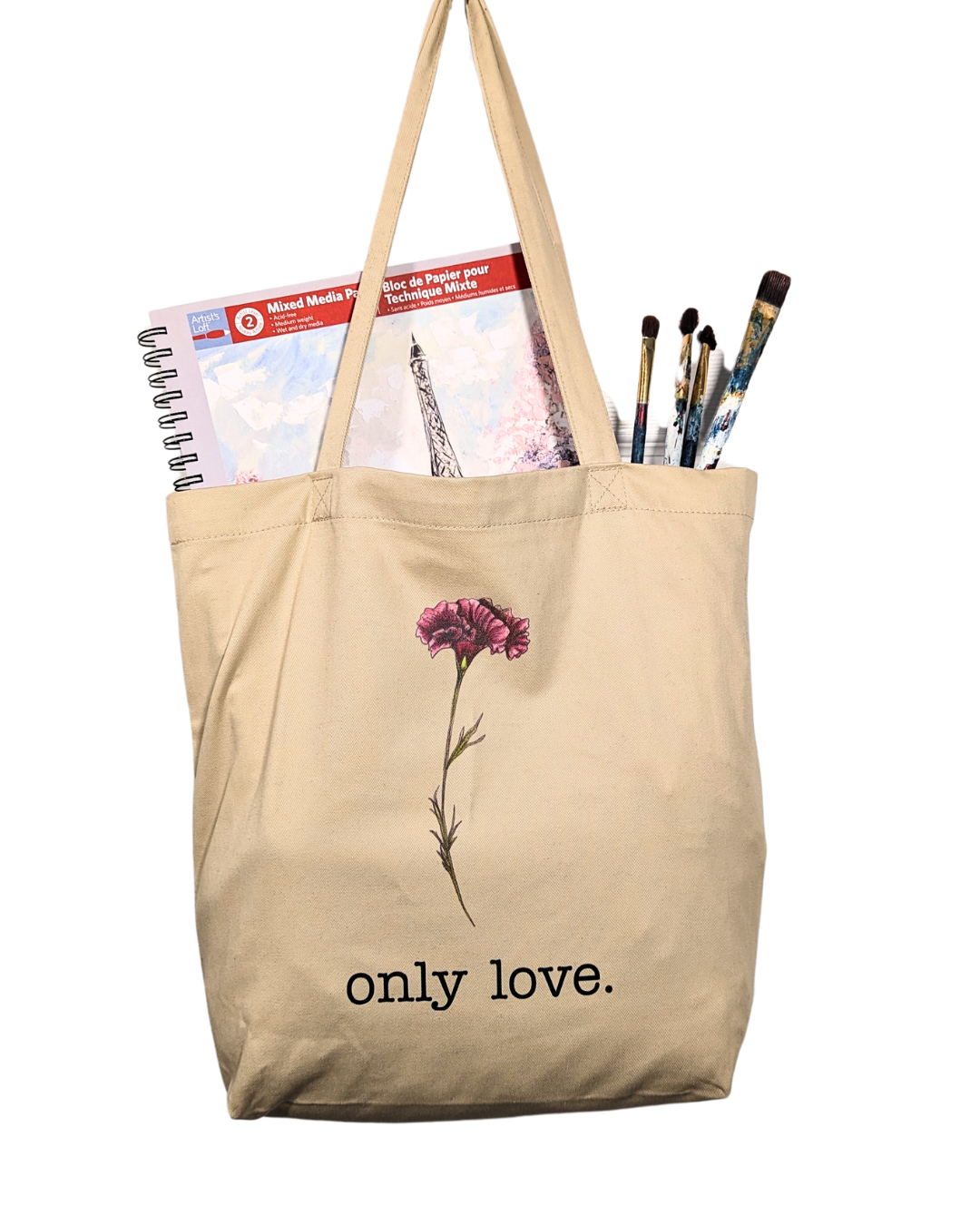 Only Love. pink carnation flower eco-friendly cotton tote bag with art supplies - with original artwork by Amy-Lynn Denham