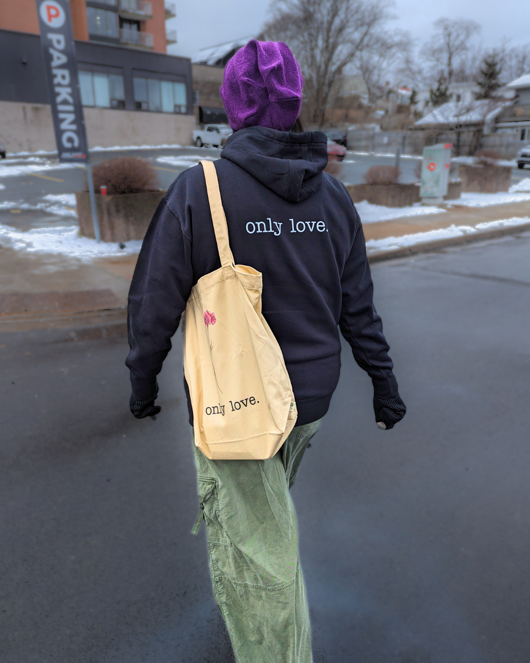 Only Love Black Unisex Hoodie and Pink Carnation Flower Eco Tote Bag on Artsy Model