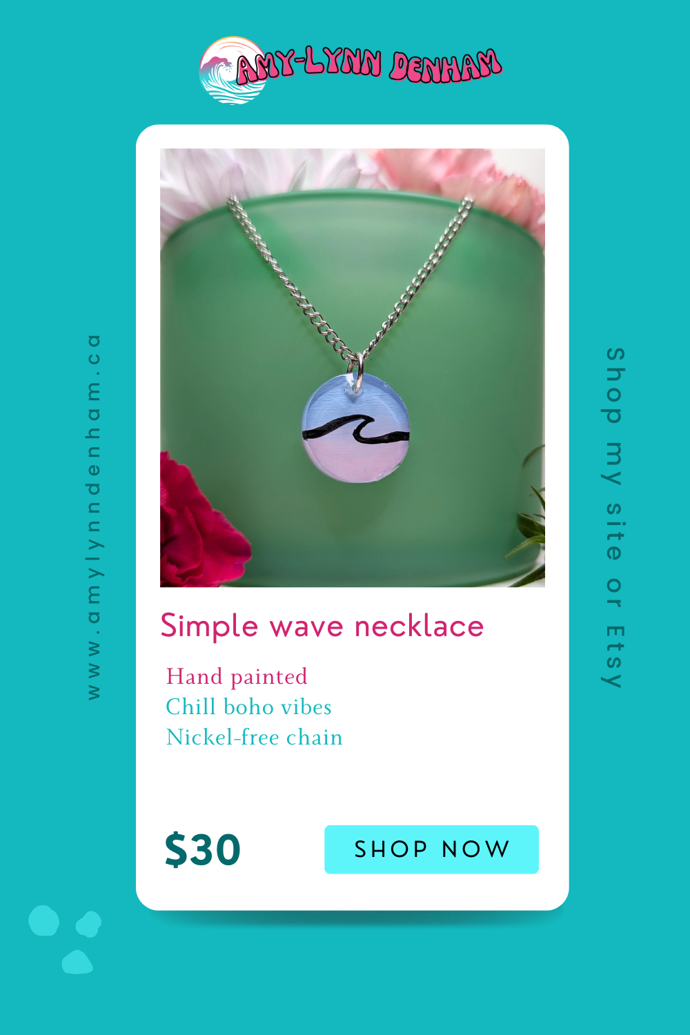 Simple wave pink and blue hand painted surfer girl resin necklace