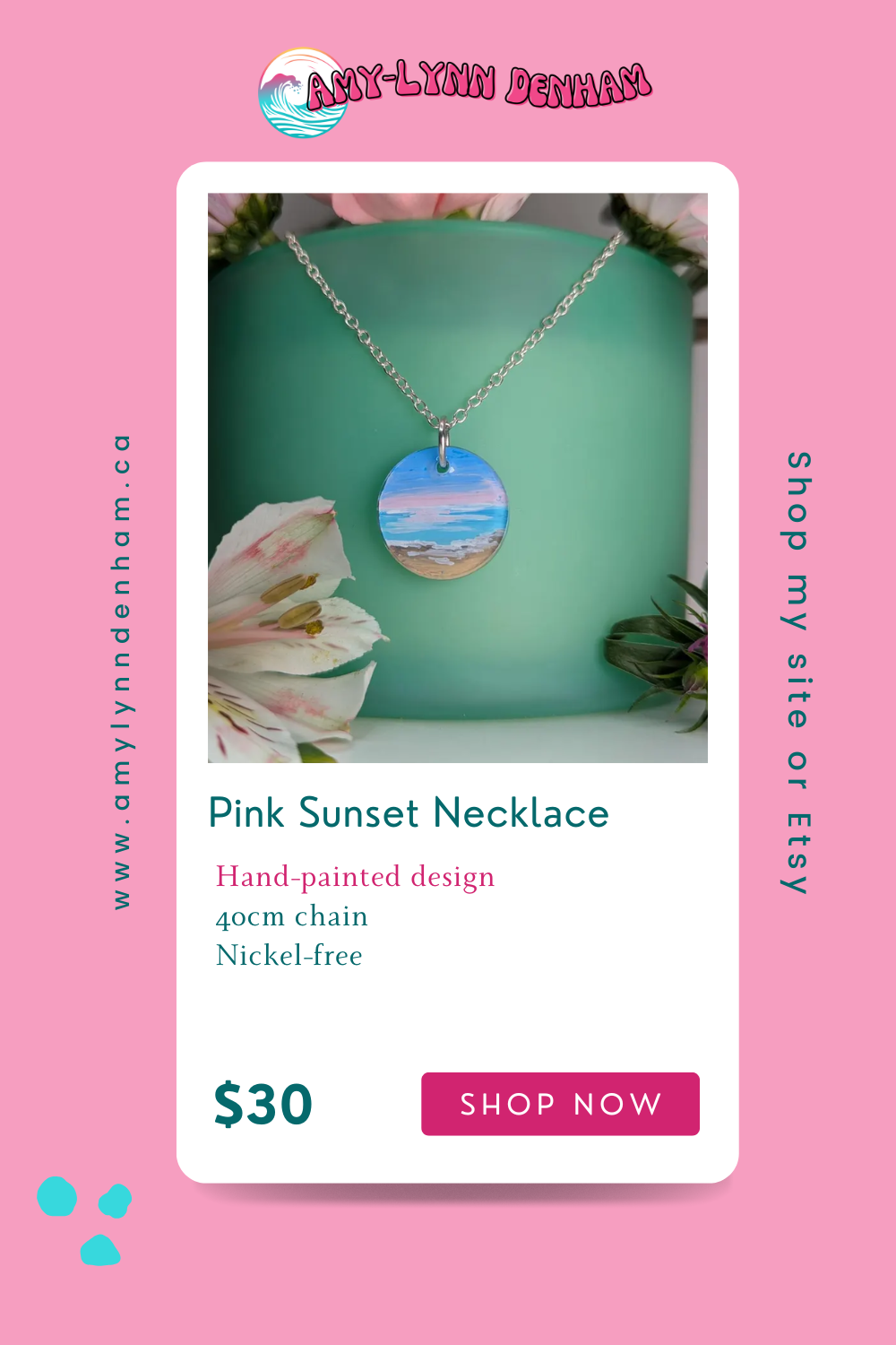 Pink Sunset Hand Painted Resin Necklace, Sunset Jewelry, Pink Beach Necklace