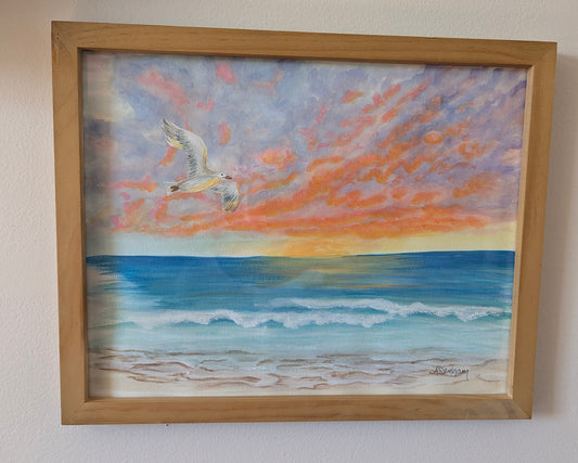 Seagull in the Sunset Watercolor Painting