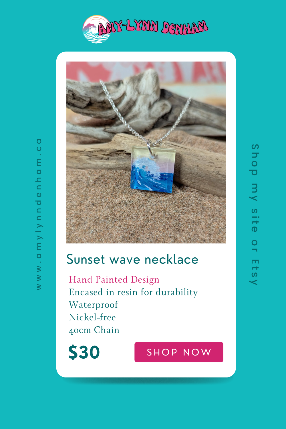 Square sunset wave acrylic hand painted resin necklace