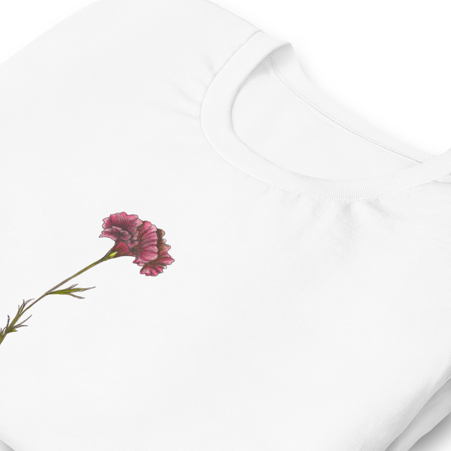 Unisex Only Love. t-shirt with watercolor pink carnation flower drawn by artist Amy-Lynn Denham