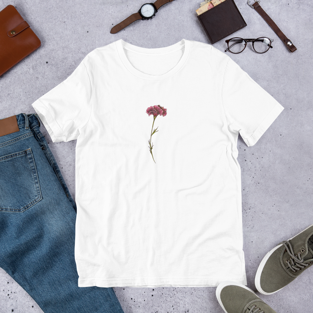 Basic white unisex tshirt Only Love with pink carnation watercolor drawing by Amy-Lynn Denham