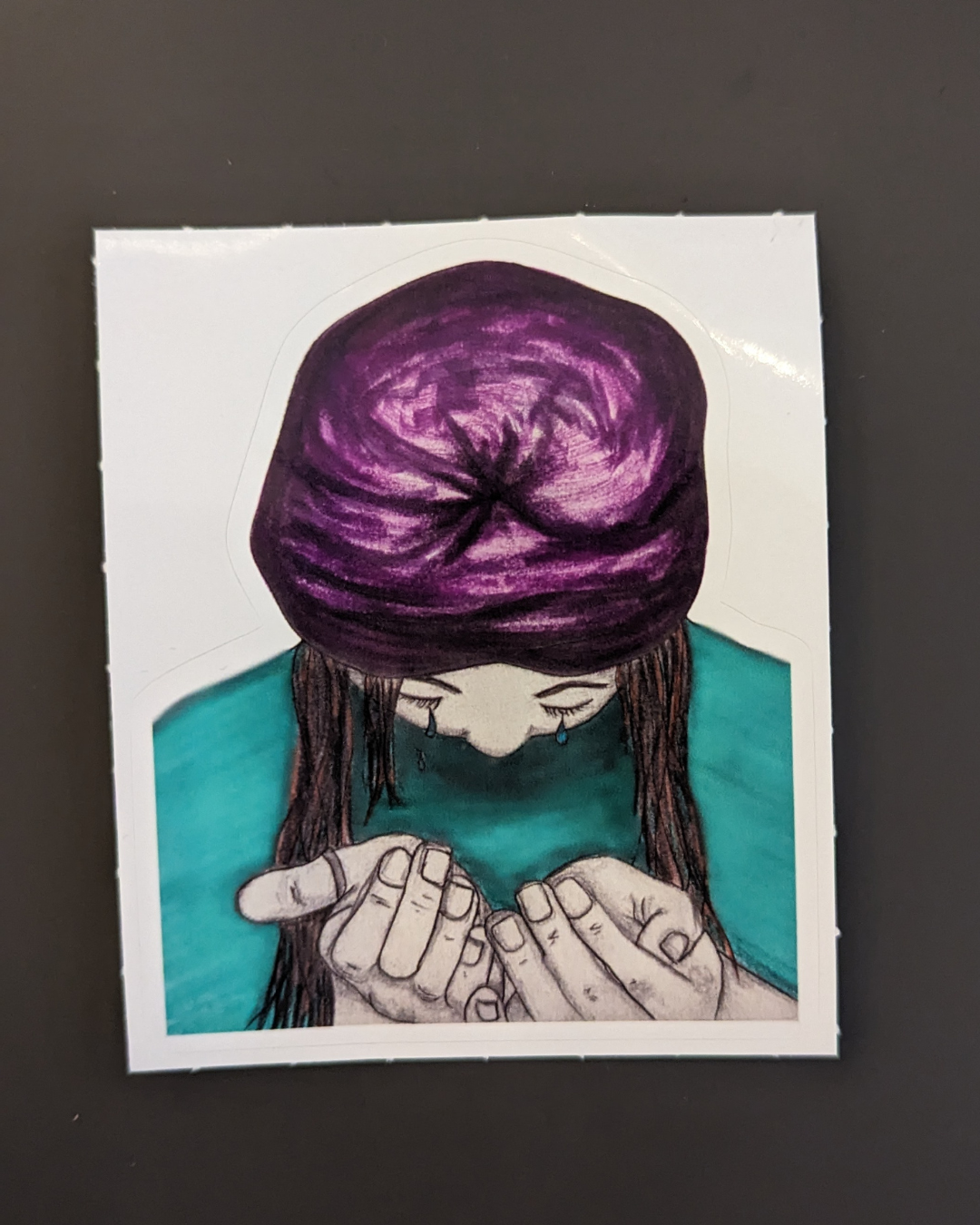 Tears of Relief Crying Girl kiss cut teal and purple vinyl sticker