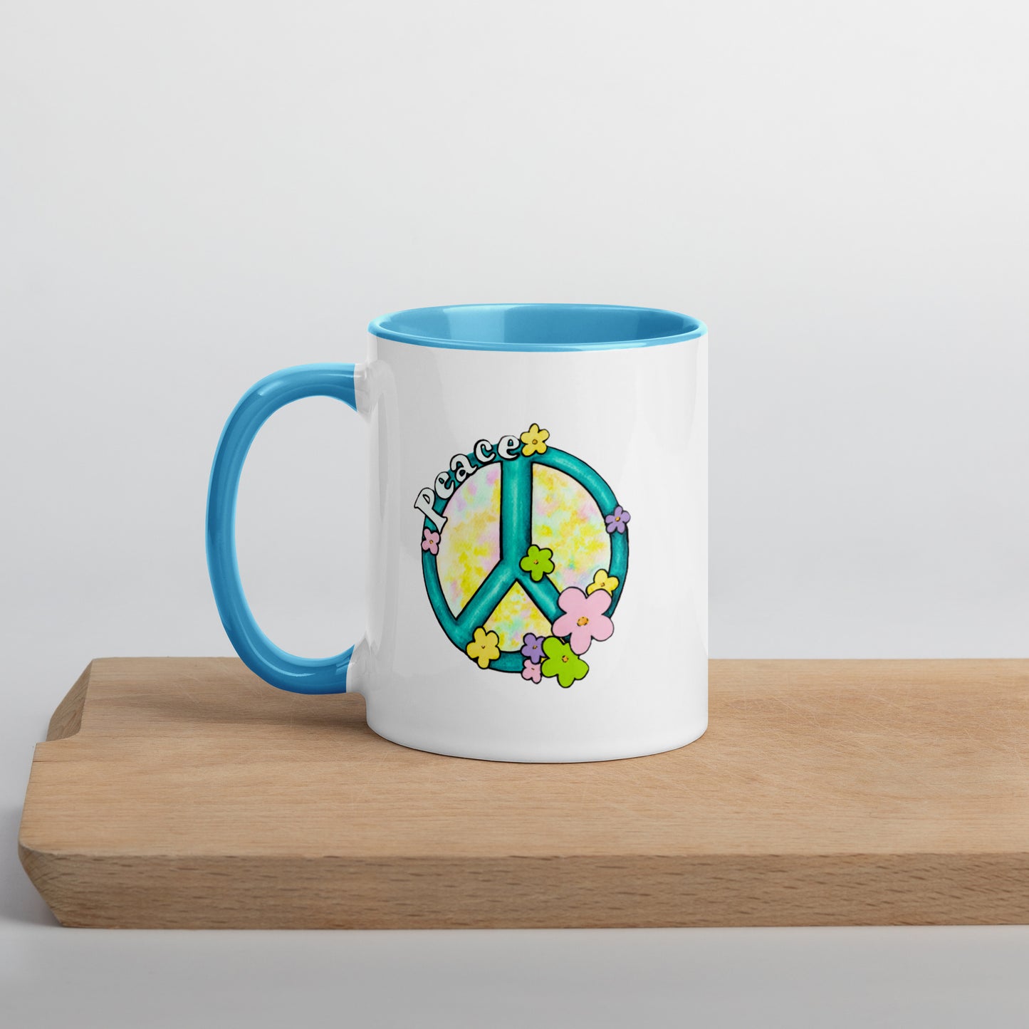 Retro hippy vibes mug, Peace sign mug for hippies, Colored interior Ceramic Coffee Mug