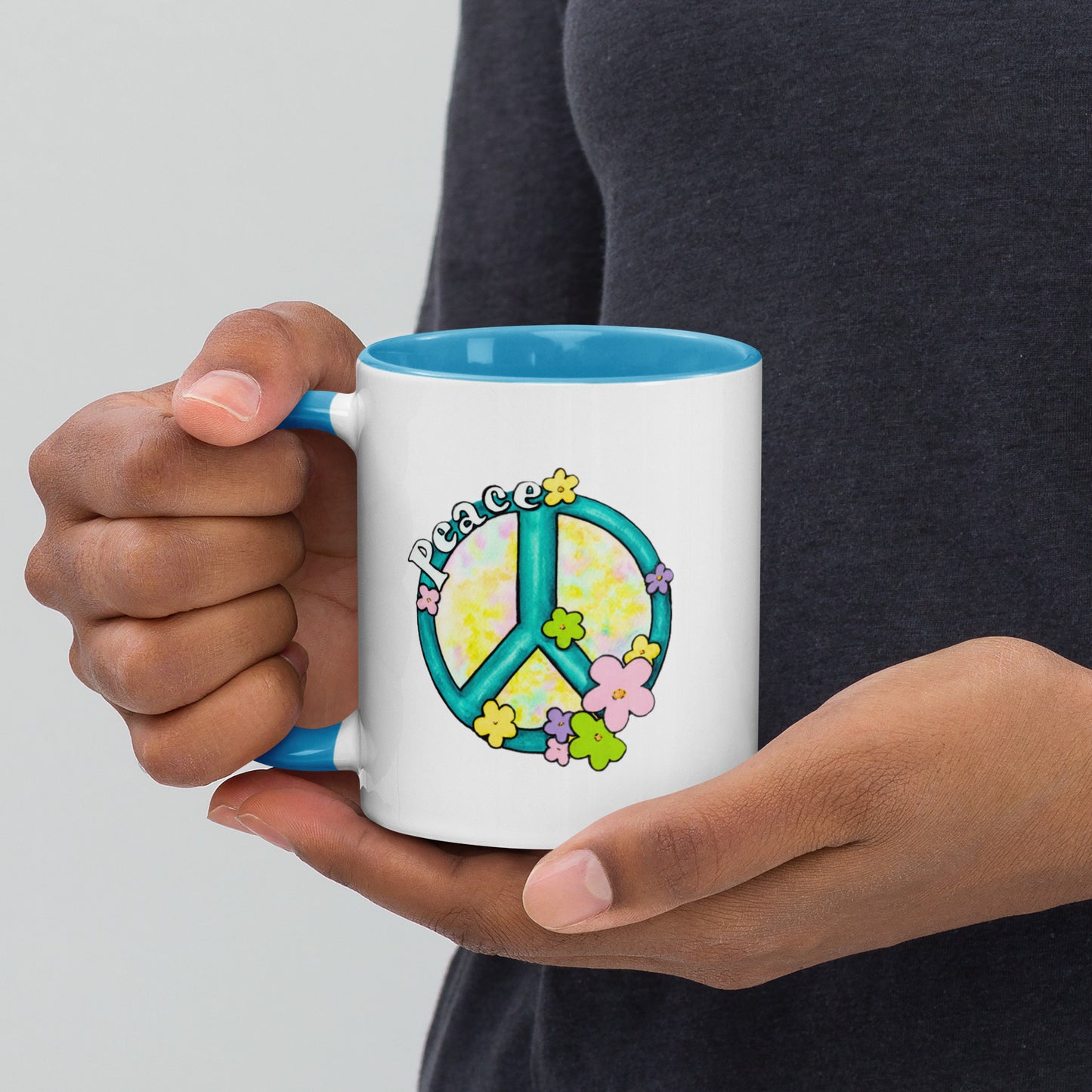 Retro hippy vibes mug, Peace sign mug for hippies, Colored interior Ceramic Coffee Mug