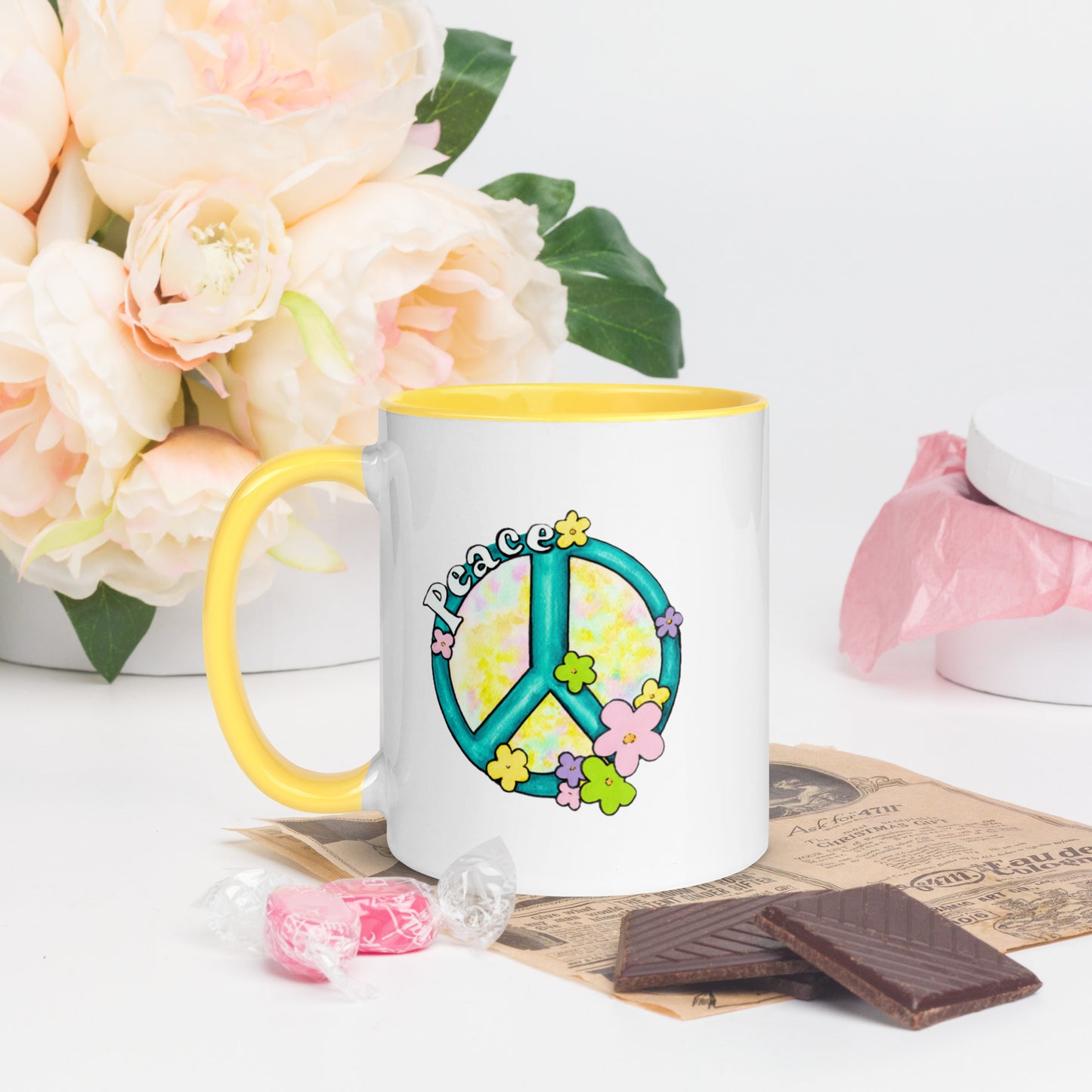 Retro hippy vibes mug, Peace sign mug for hippies, Colored interior Ceramic Coffee Mug