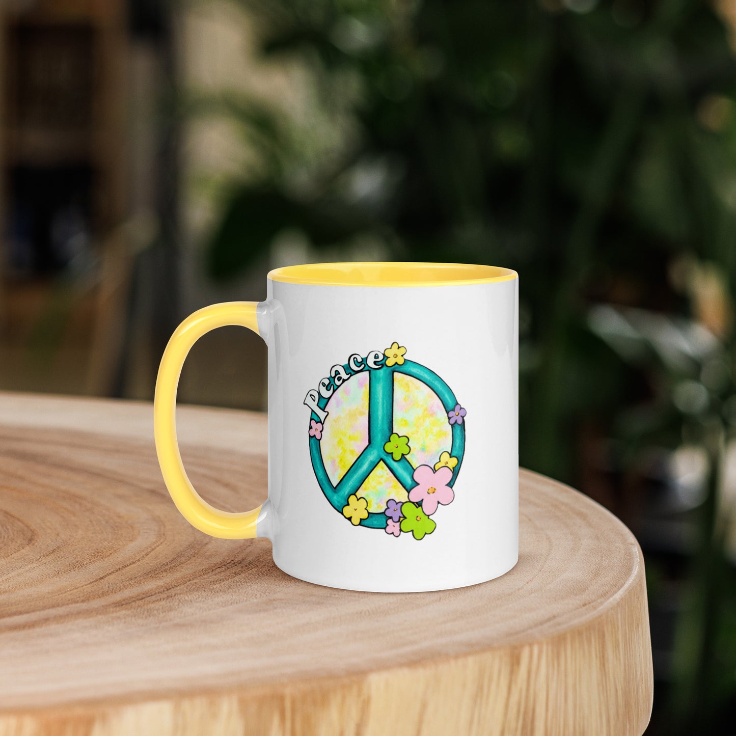 Retro hippy vibes mug, Peace sign mug for hippies, Colored interior Ceramic Coffee Mug